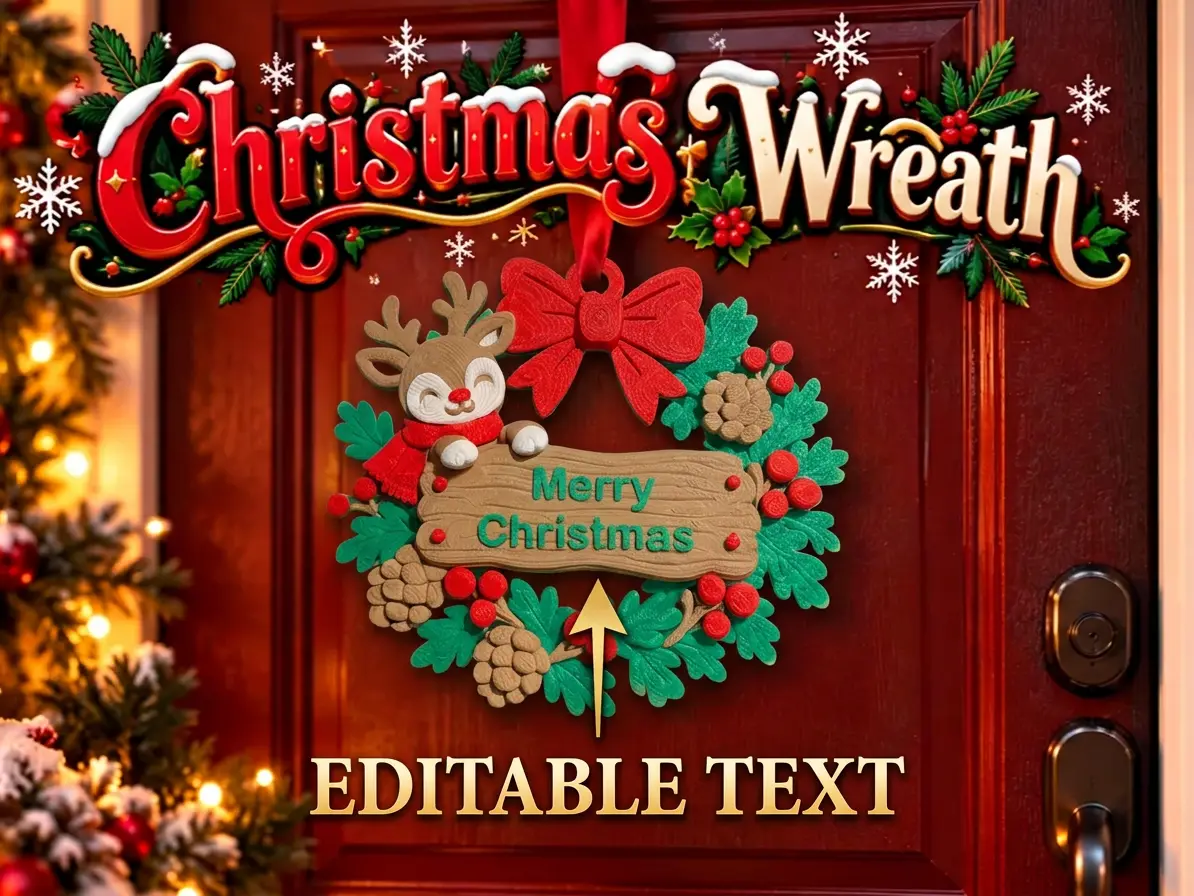 Christmas Wreath Reindeer with Customizable Sign — modelo 3D