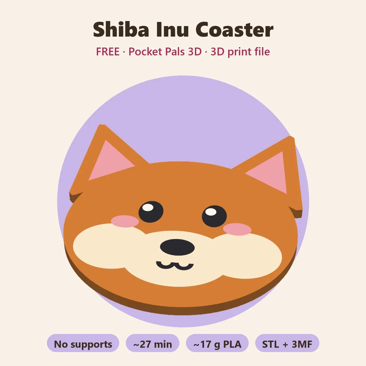 Shiba Inu Coaster – Free Kawaii Dog Breed Coaster, No Supports — modelo 3D