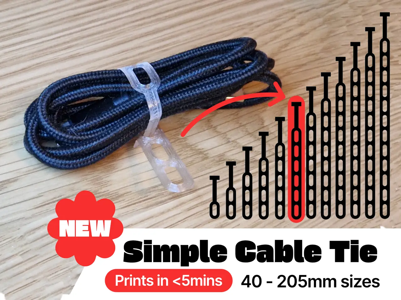 Cable Tie / Tie Organiser Reusable Tidy PETG/TPU 40-205mm Sizes — modelo 3D