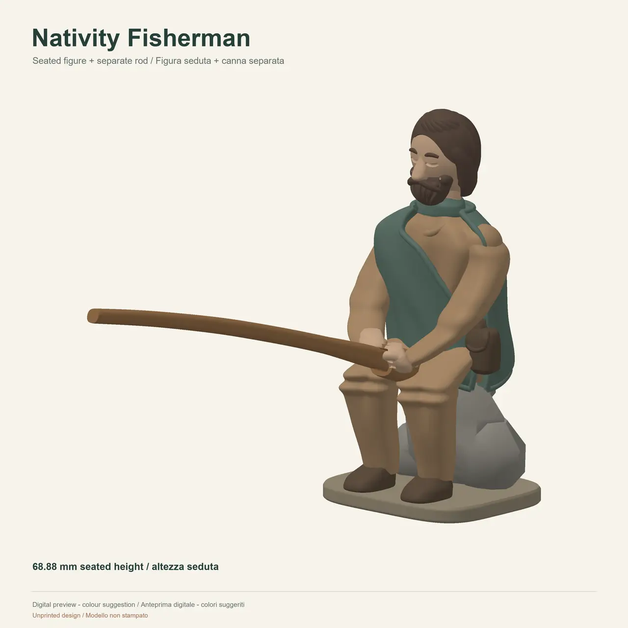 Nativity Fisherman - Paintable Seated Figure | Separate Rod — modelo 3D