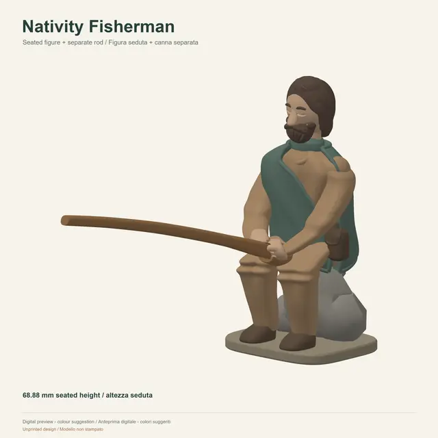 Nativity Fisherman - Paintable Seated Figure | Separate Rod — modelo 3D
