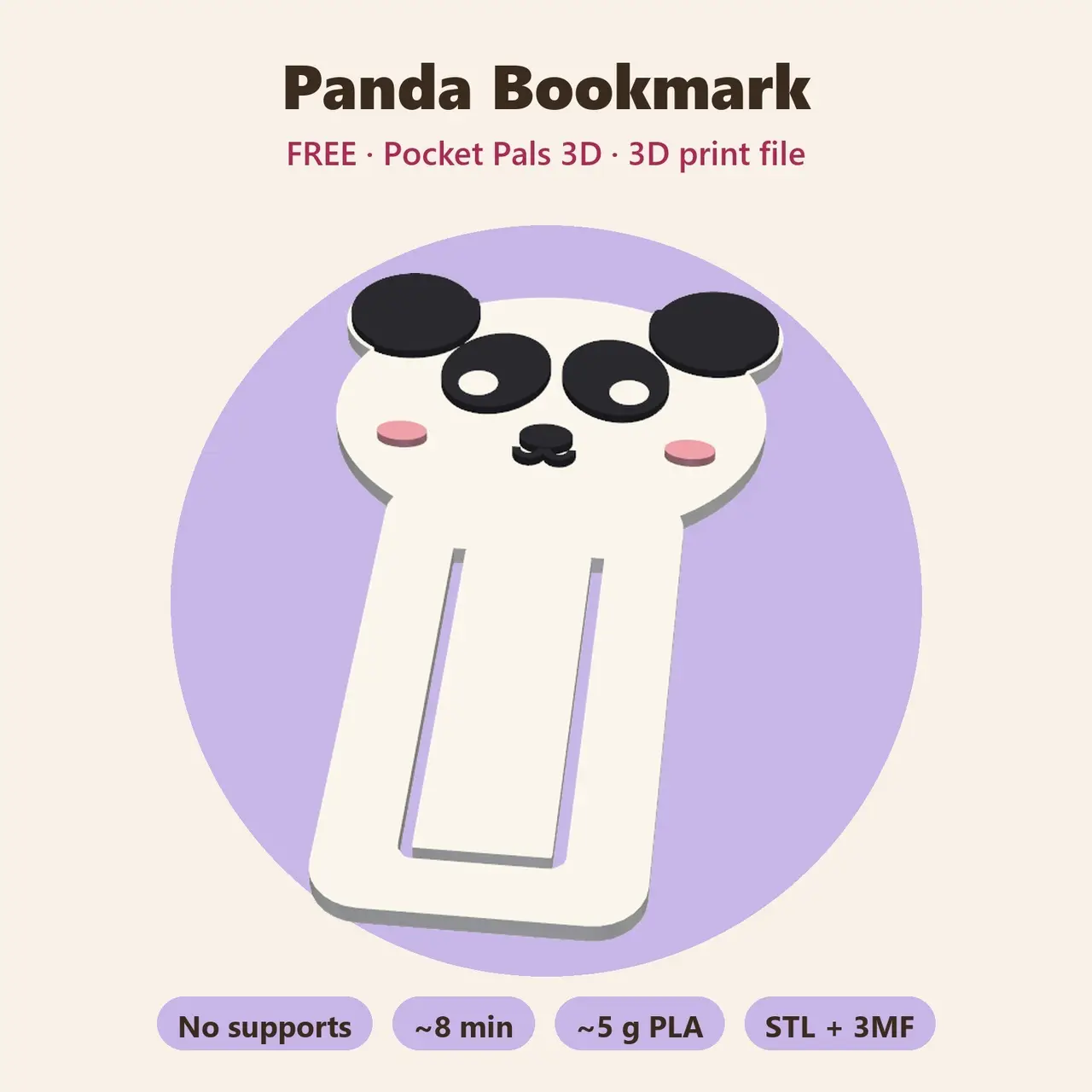 Panda Bookmark – Free Kawaii Peeker Bookmark, Clip Style, No Supports — modelo 3D