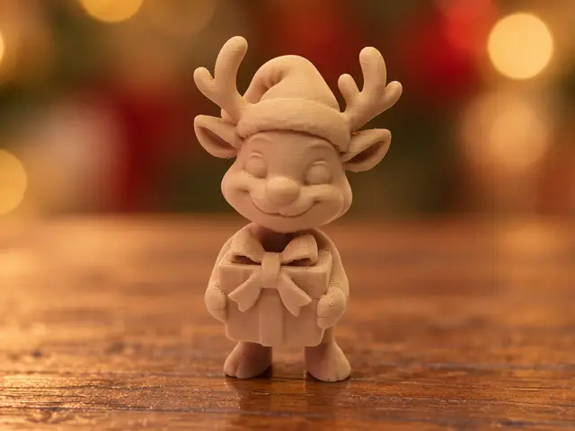 Rentierkind mit Weihnachtsmütze und Geschenk — modelo 3D