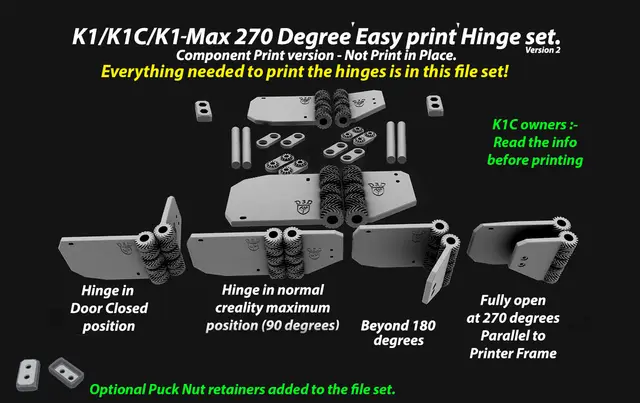 270 Degree Geared Hinges (V2) for K1/K1 Max/K1C. Easy print option. Not print in place. — modelo 3D