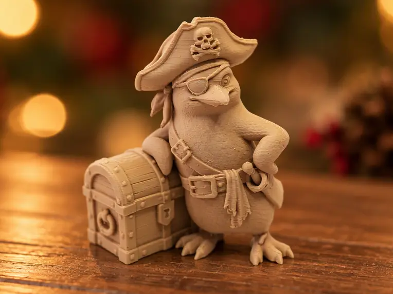 Piraten-Pinguin mit Schatztruhe und Augenklappe — modelo 3D
