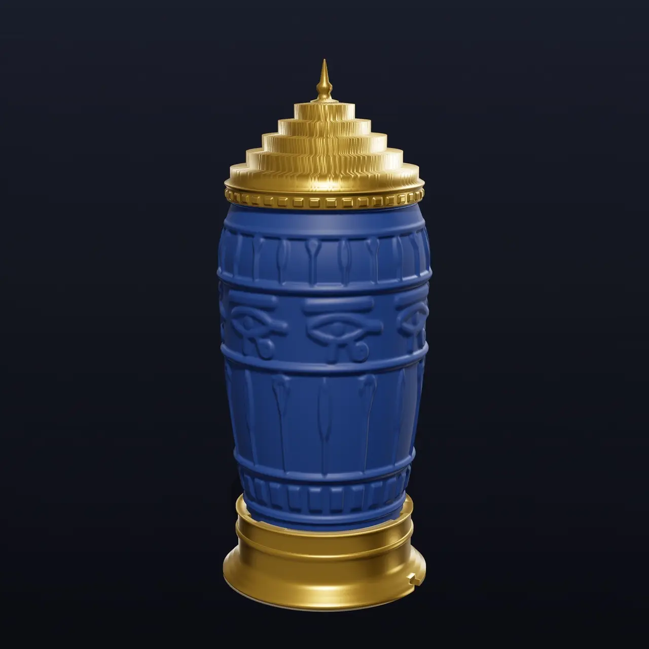 Egyptian Canopic Urn - Lapis and Gold Lidded Jar with Eye of Horus, Papyrus Columns and Stepped Pyramid Lid — modelo 3D