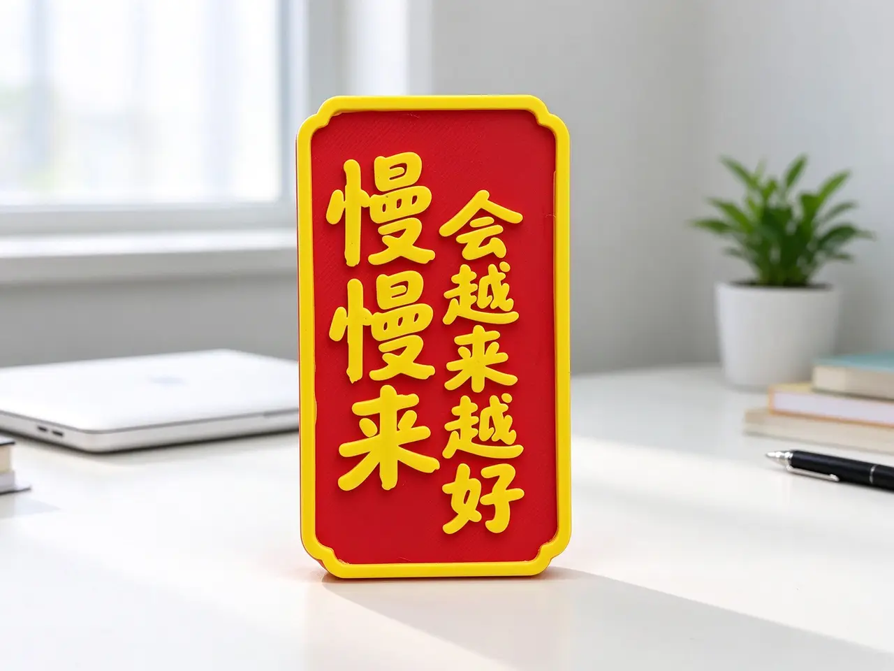“慢慢来会越来越好” 桌面装饰 治愈语录摆件 励志标语立牌 红底金字国风牌 书桌工位装饰 暖心小摆件 — modelo 3D