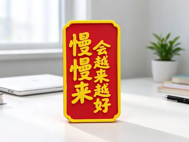 “慢慢来会越来越好” 桌面装饰 治愈语录摆件 励志标语立牌 红底金字国风牌 书桌工位装饰 暖心小摆件 — modelo 3D