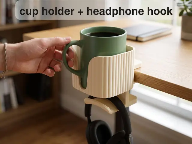 Cup Holder + Headphone Hook (no supports, no extra hardware) — modelo 3D
