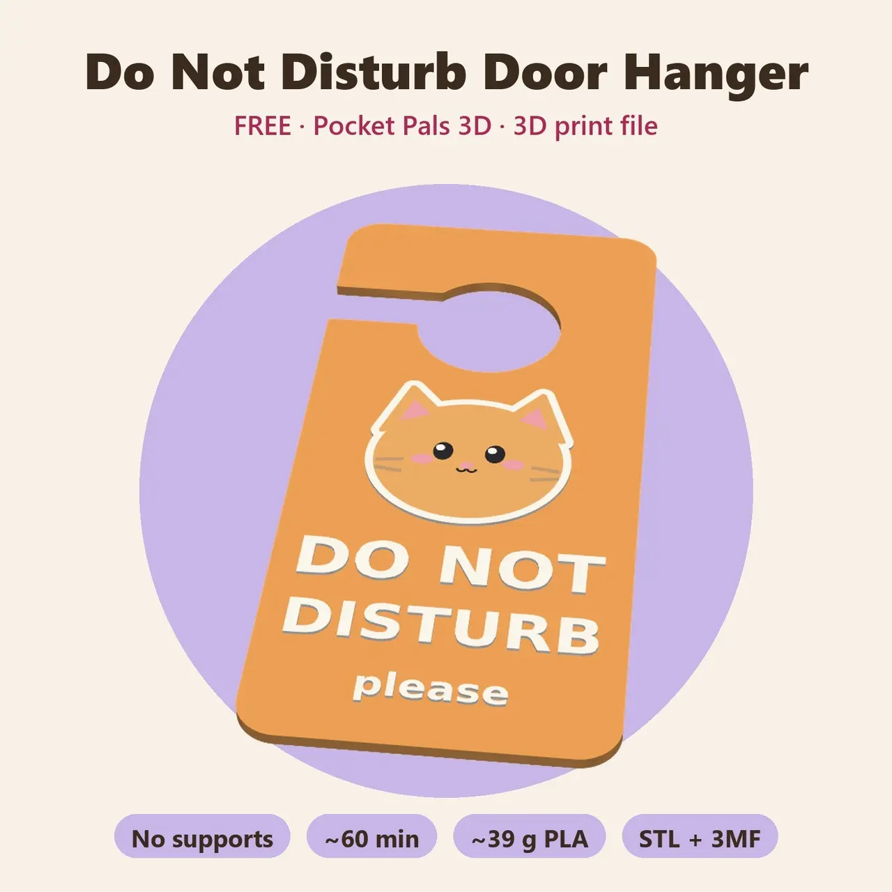 Do Not Disturb Door Hanger – Free Kawaii Cat Door Sign, No Supports — modelo 3D