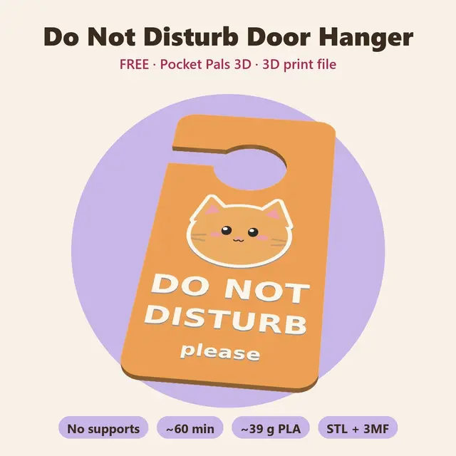 Do Not Disturb Door Hanger – Free Kawaii Cat Door Sign, No Supports — modelo 3D
