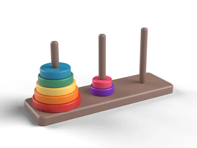 Tower of Hanoi - Classic Puzzle with Seven Rainbow Discs and Three Pegs (OpenSCAD) — modelo 3D