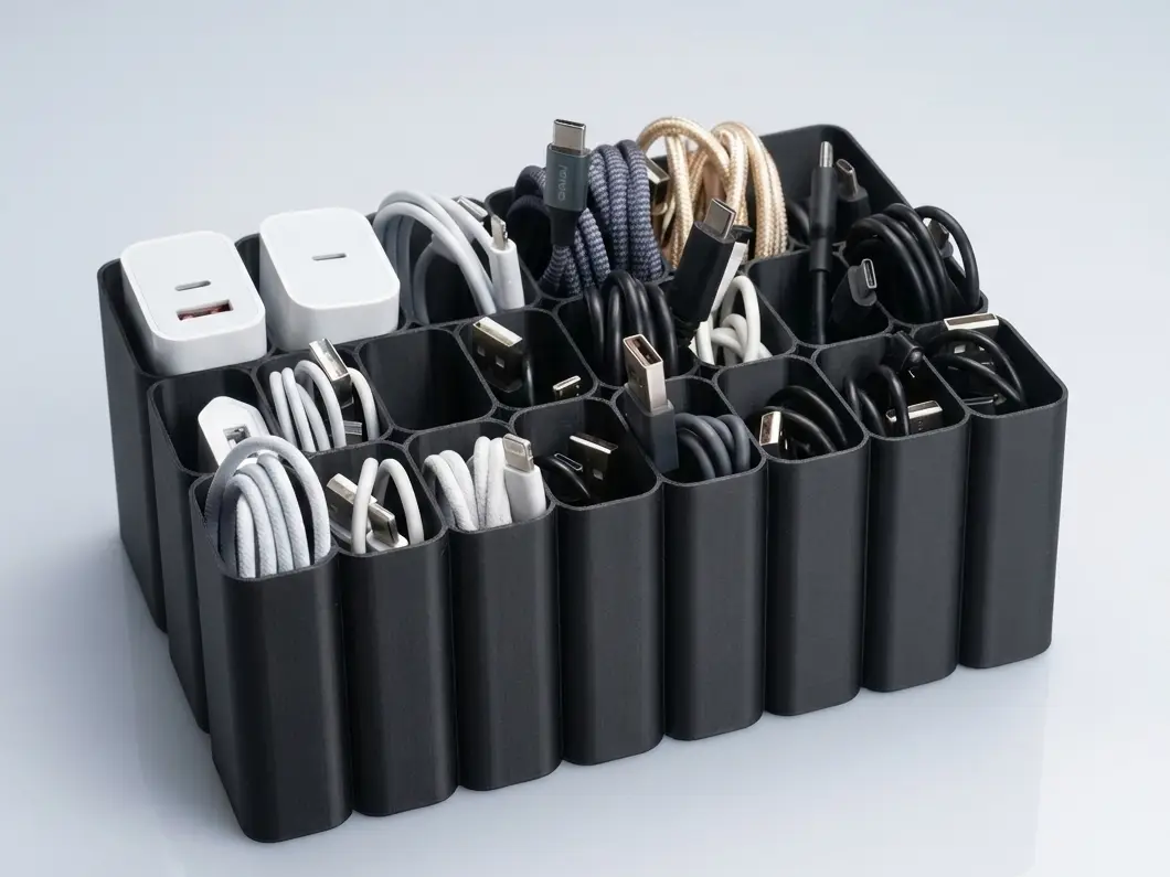 USB cable organizer Box tray IPhone Samsung — modelo 3D