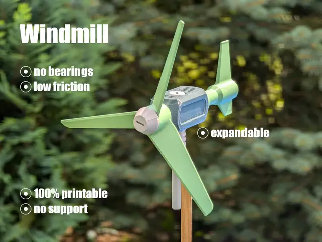 Windmill - 100% printable - no support - no bearings - low friction - video — modelo 3D