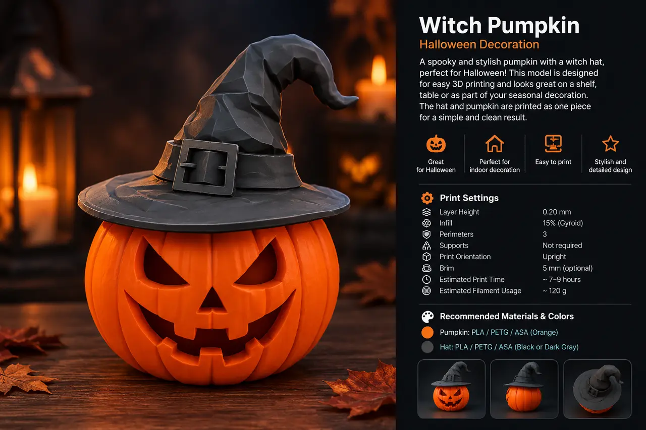 Spooky Halloween Pumpkin with Witch Hat — modelo 3D