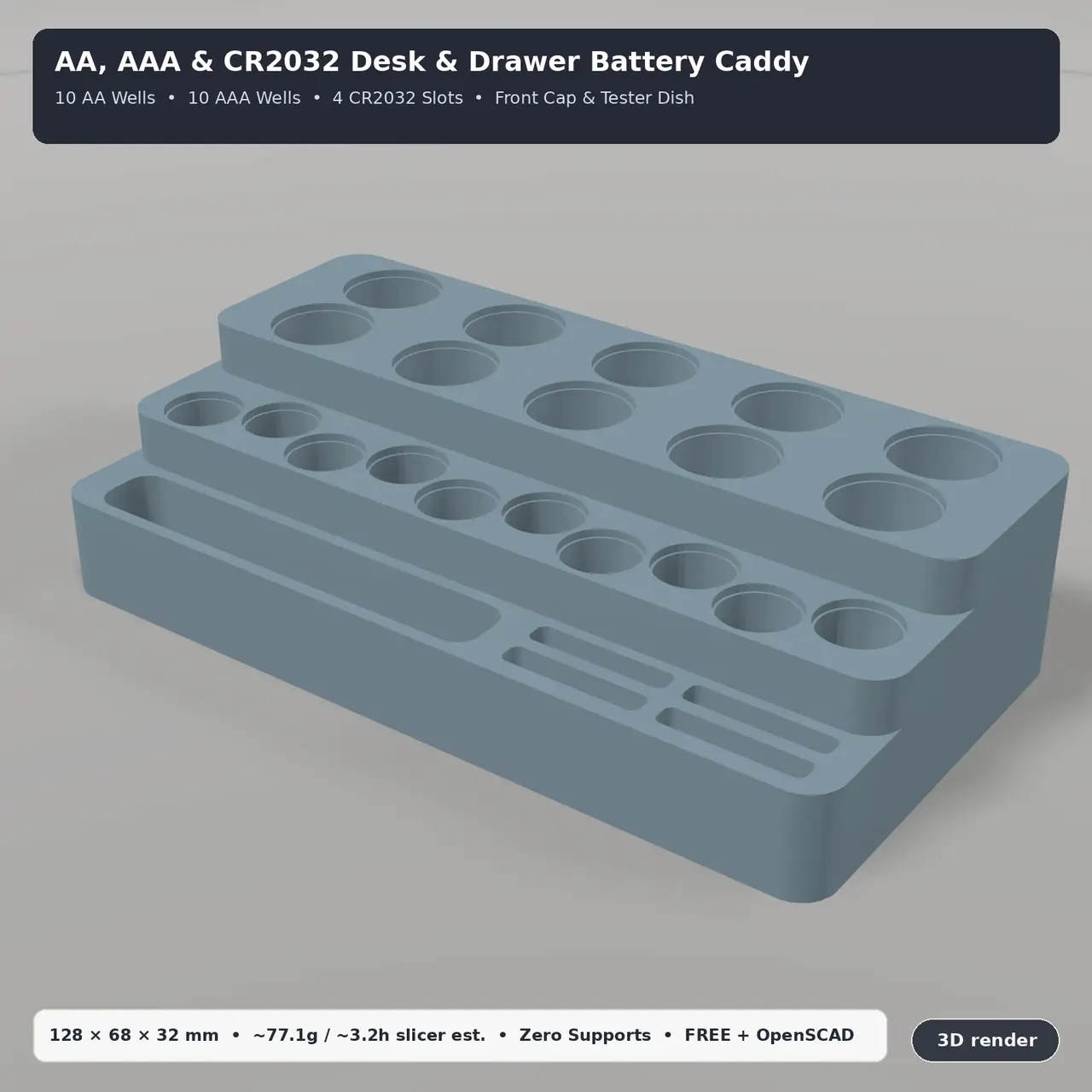 AA, AAA & CR2032 Desk & Drawer Battery Organizer Caddy (24 Slots, One Piece, No Supports + OpenSCAD) — modelo 3D