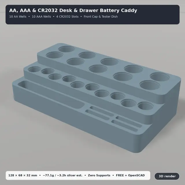 AA, AAA & CR2032 Desk & Drawer Battery Organizer Caddy (24 Slots, One Piece, No Supports + OpenSCAD) — modelo 3D