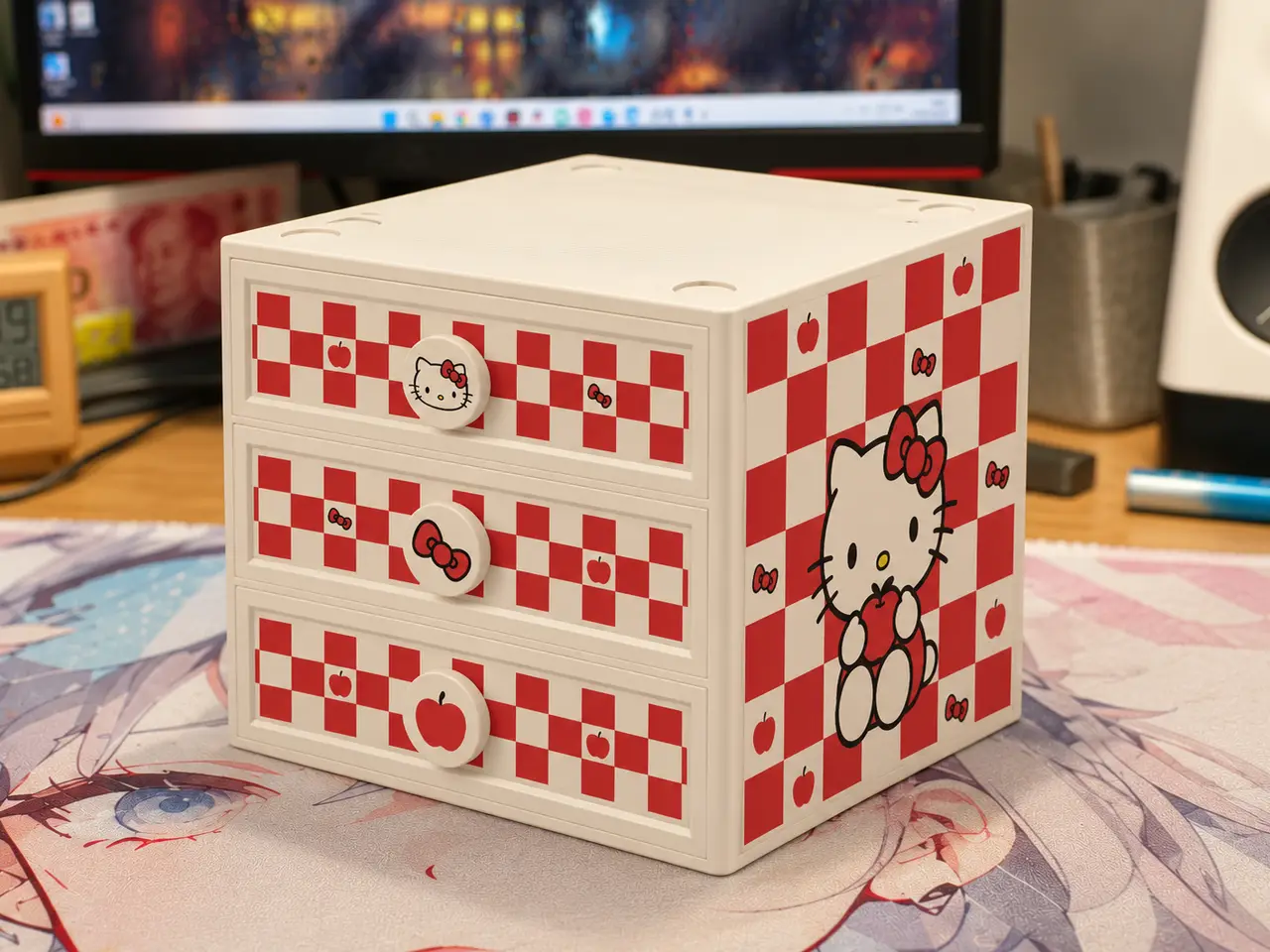 HelloKitty·苹果棋盘食器三层收纳柜｜格纹主题·可堆叠 — modelo 3D