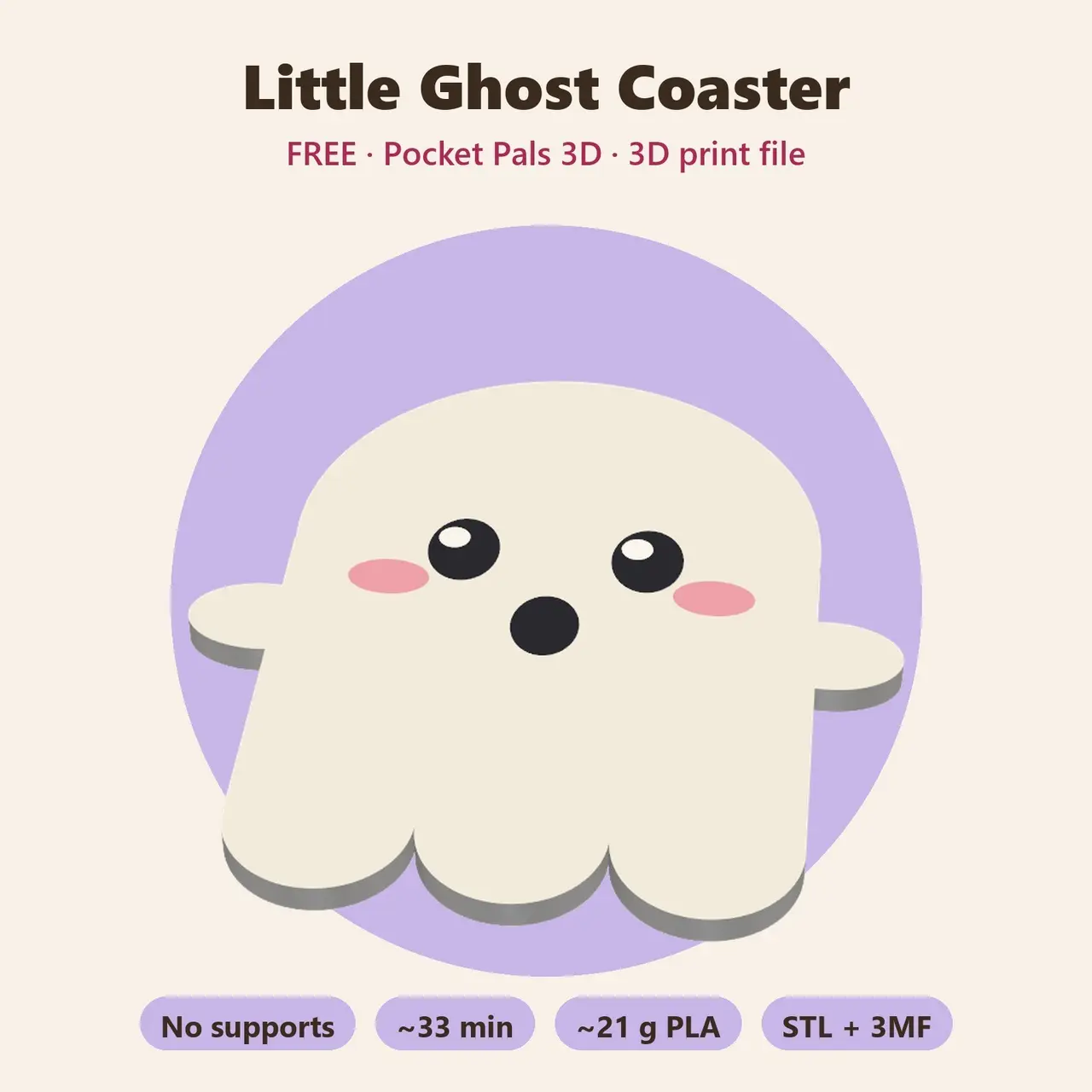 Little Ghost Coaster – Free Kawaii Halloween Coaster, No Supports — modelo 3D