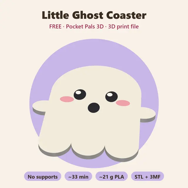 Little Ghost Coaster – Free Kawaii Halloween Coaster, No Supports — modelo 3D
