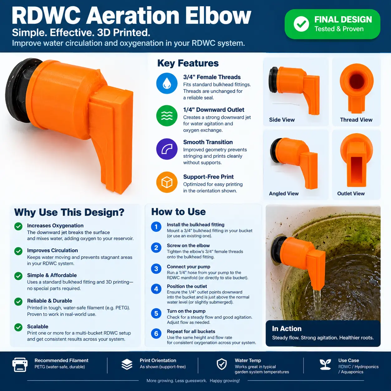 RDWC / DWC Hydroponic Aeration Elbow – Support-Free 3D Print — modelo 3D