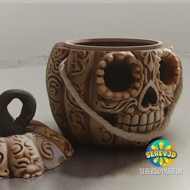 Day of the Dead Halloween Pumpkin - Lamp / Keychain / Planter / Bucket - Multicolor 3MF & STL Model — modelo 3D