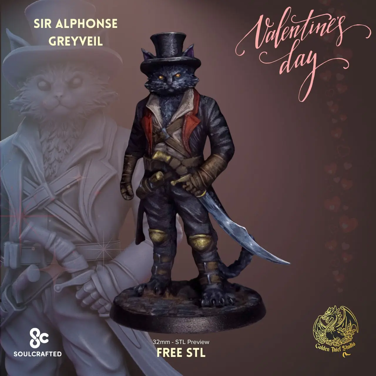 Victorian Cat Rogue Miniature STL – Sir Alphonse Greyveil; Free 35mm Fantasy RPG Character — modelo 3D