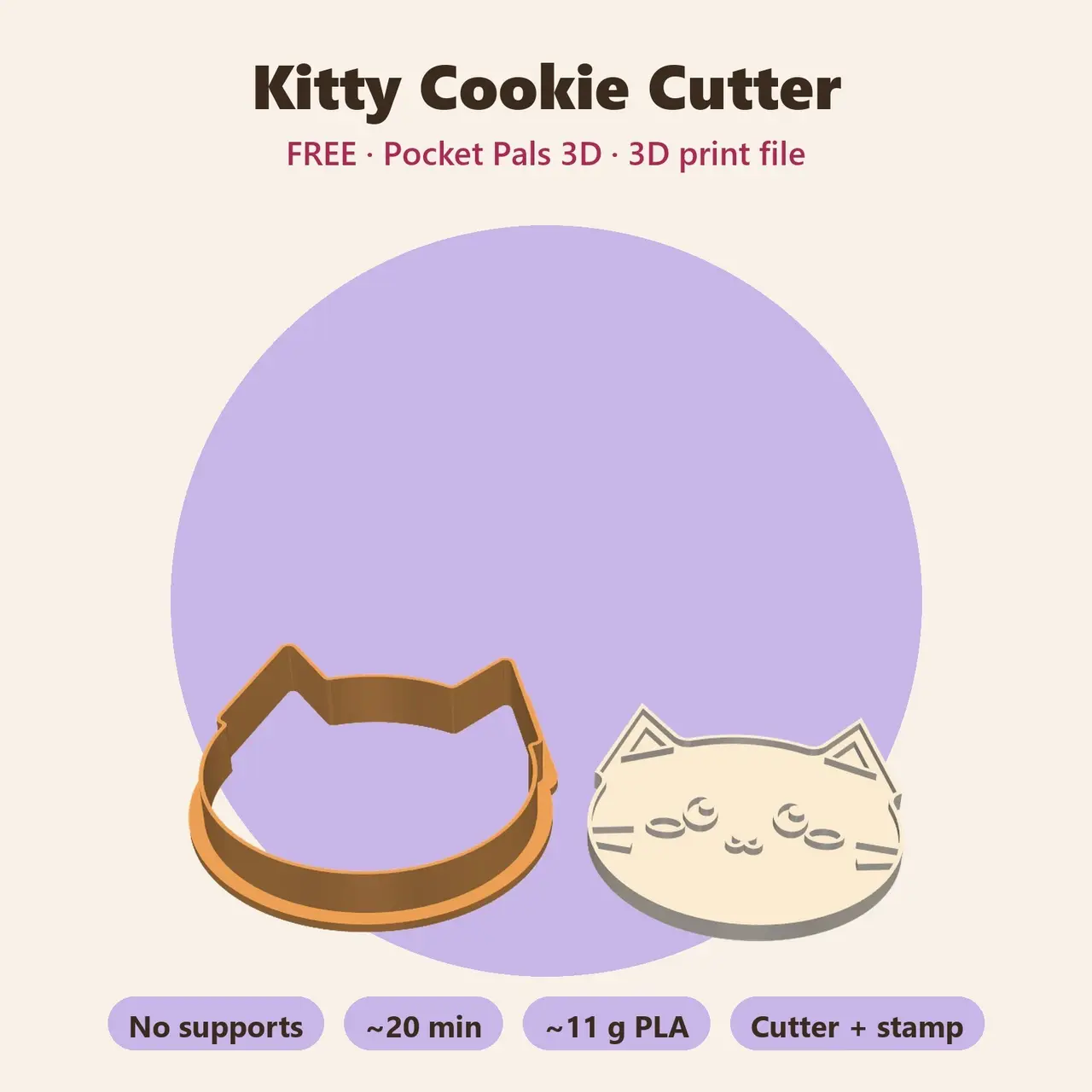 Kitty Cookie Cutter – Free Kawaii Cat Cookie Cutter + Stamp, No Supports — modelo 3D