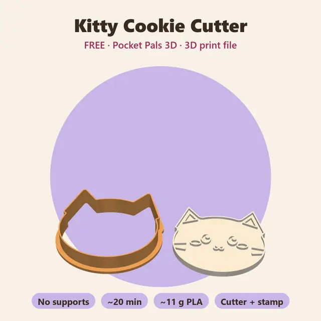 Kitty Cookie Cutter – Free Kawaii Cat Cookie Cutter + Stamp, No Supports — modelo 3D