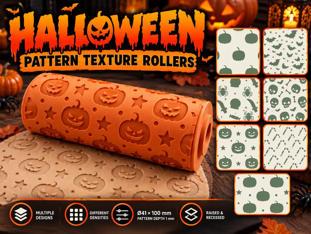Pattern Texture Rollers – Halloween | Multiple Designs | Raised & Recessed — modelo 3D