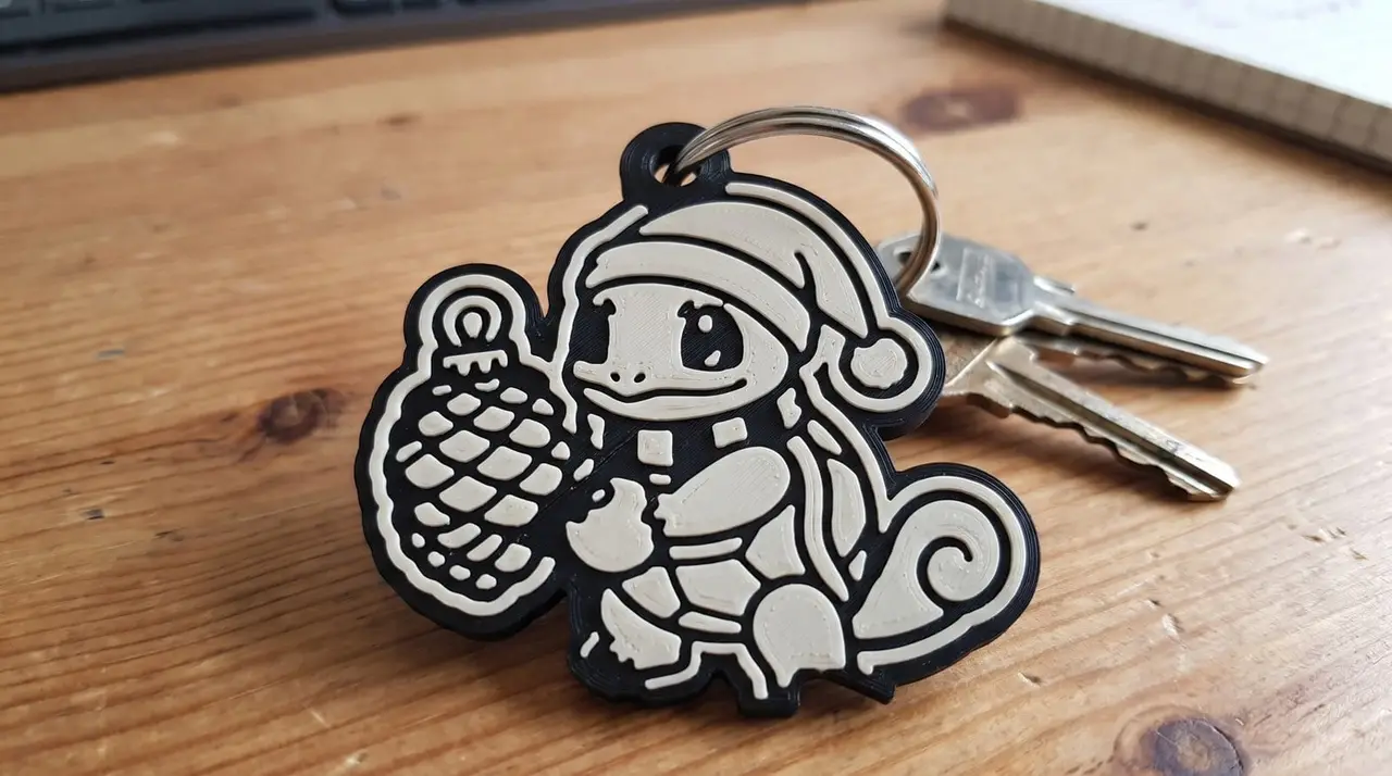 Squirtle Christmas Keychain - 2 colours, single filament (Llavero navideño de Squirtle) — modelo 3D