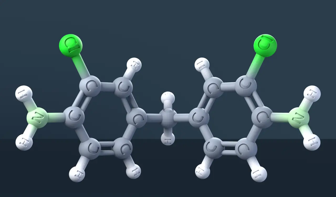 3,3'-Dichloro-4,4'-Diaminodiphenylmethane 3D Molecular Model — CAS 101-14-4 — modelo 3D