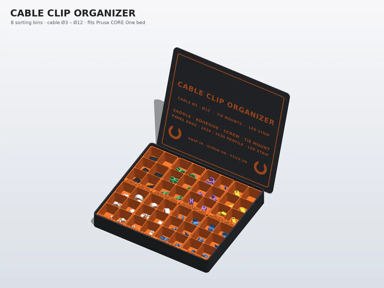 Cable Clip Organizer – Box with 8 Sorting Bins + 72 Printable Cable Clips — modelo 3D