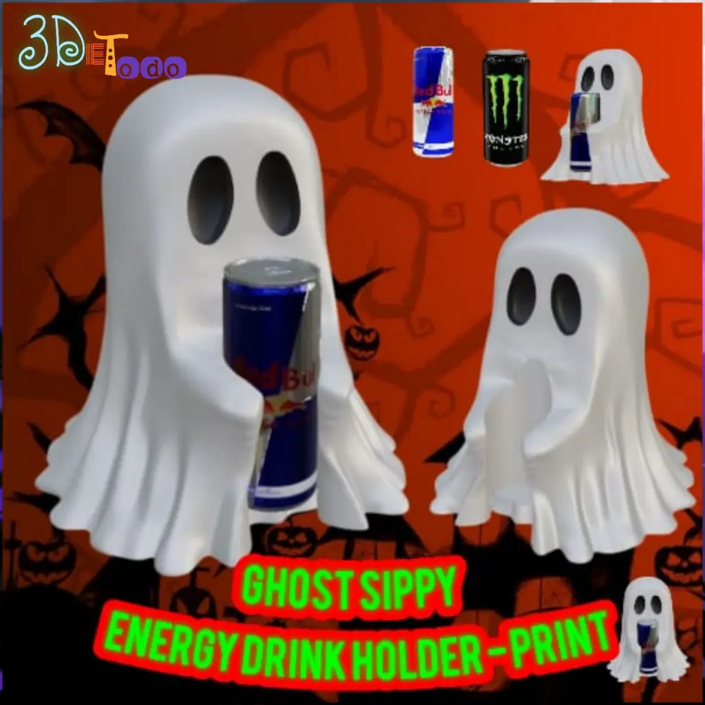Sippy Ghost Halloween Decor Energy Drink Holder - print in place - 250 ML REDBULL AND MONSTER ENERGY — modelo 3D