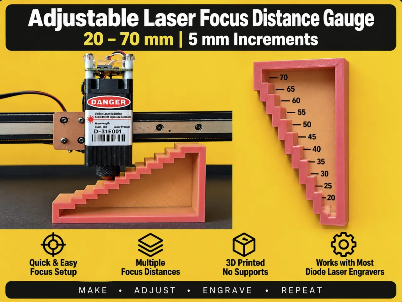 Laser Focus Step Gauge 20–70 mm | 5 mm Increments — modelo 3D
