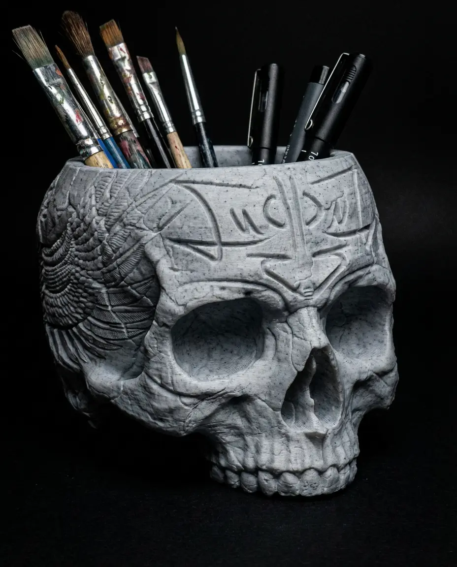 Ancient Skull Brush & Pen Holder | Gothic Desk Organizer | Anatomical Skull 3D Print — modelo 3D