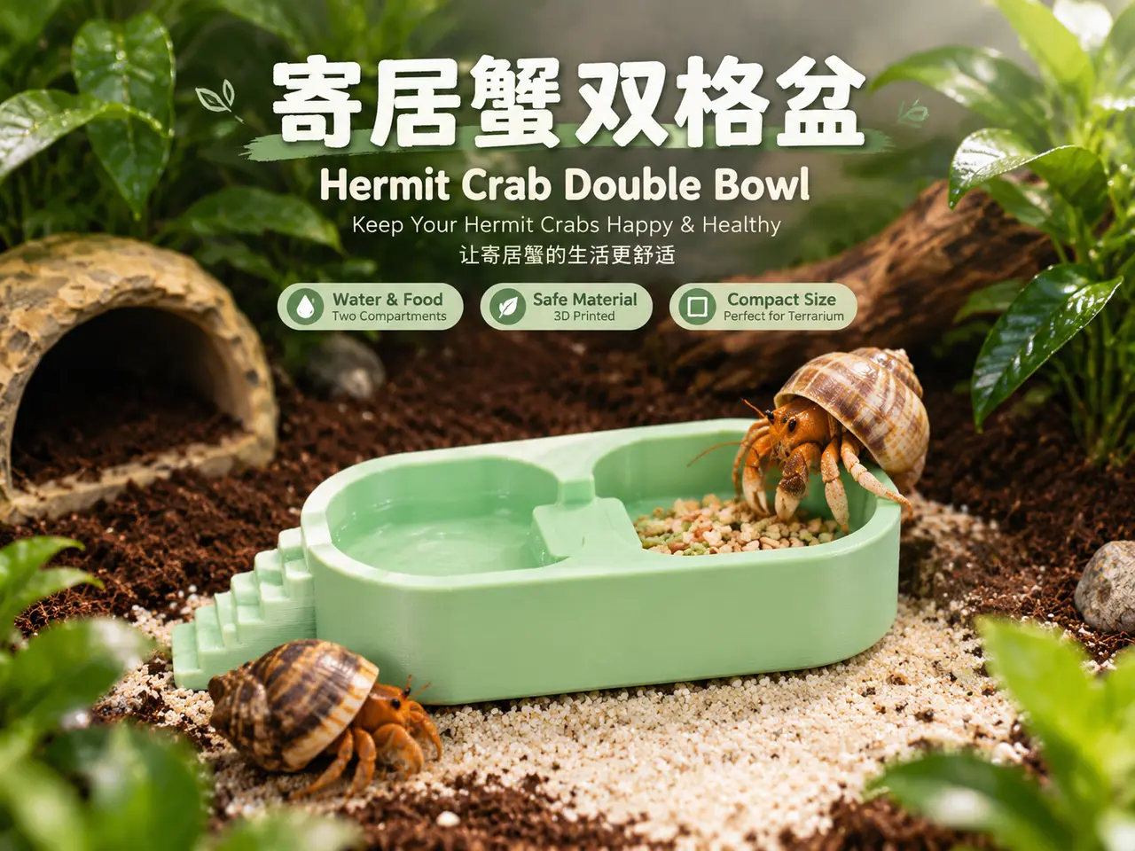 寄居蟹双格盆｜宠物水盆 Hermit Crab Dual Basin Pet Bowl 3D — modelo 3D