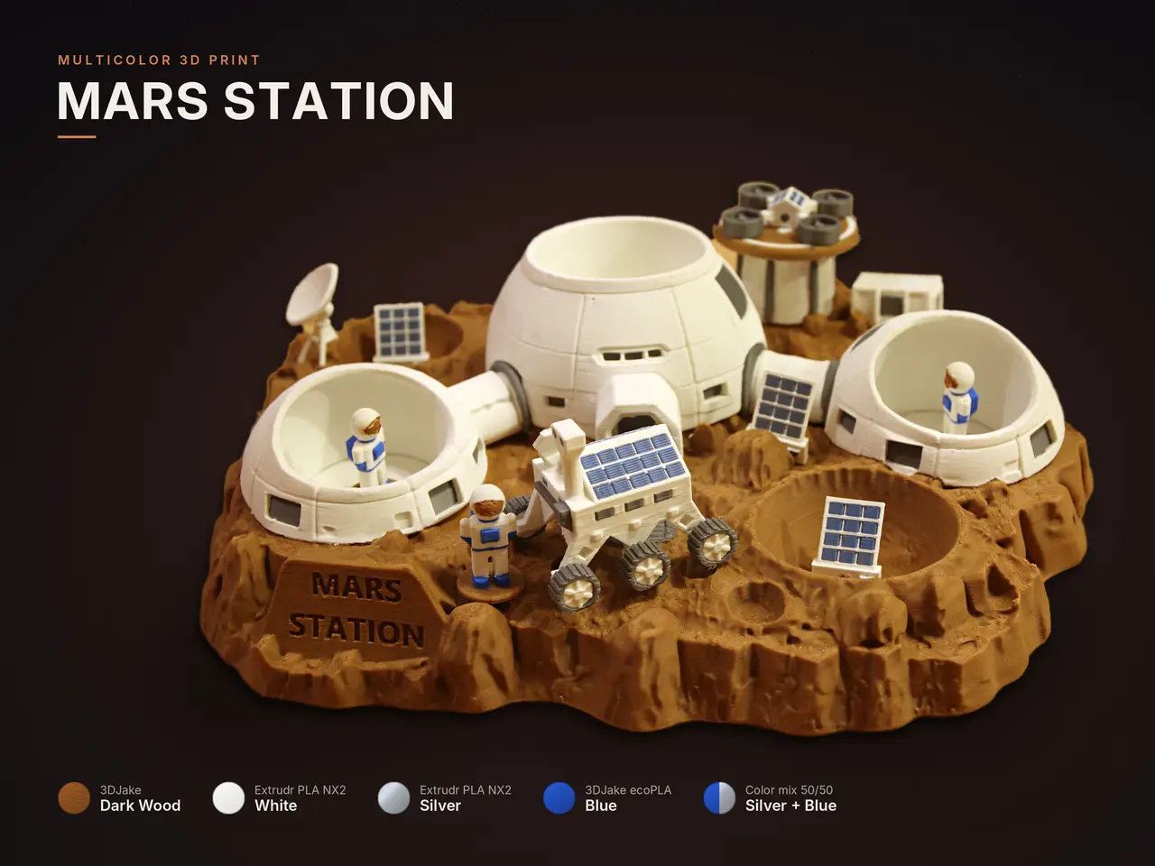 Mars Station Tray with Rover, Astronaut, Solar Cells, Drone and Landing Pod — modelo 3D
