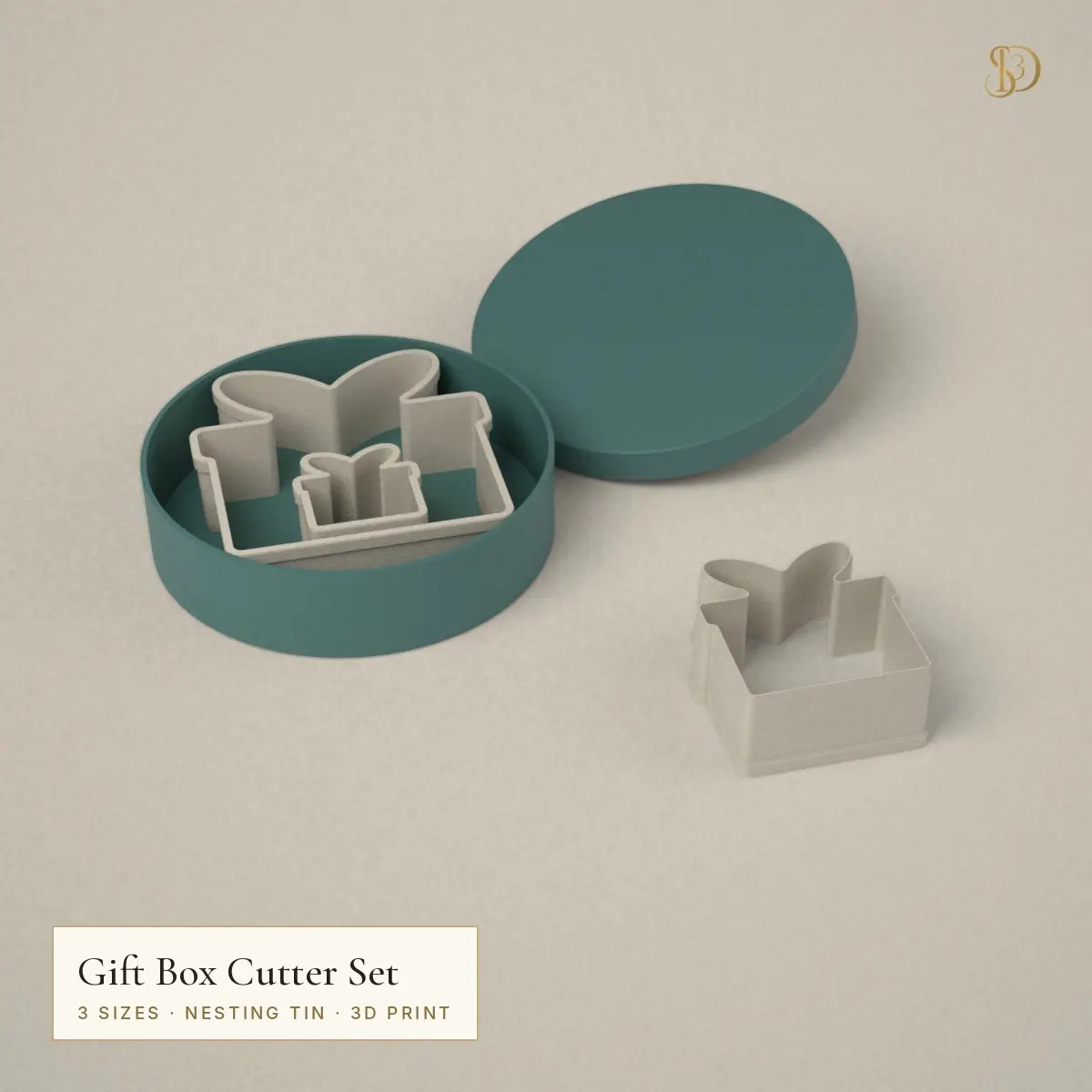 Gift Box Cookie Cutter Set – 3 Nesting Present Cutters 3.7–9.7 cm with Storage Tin — modelo 3D