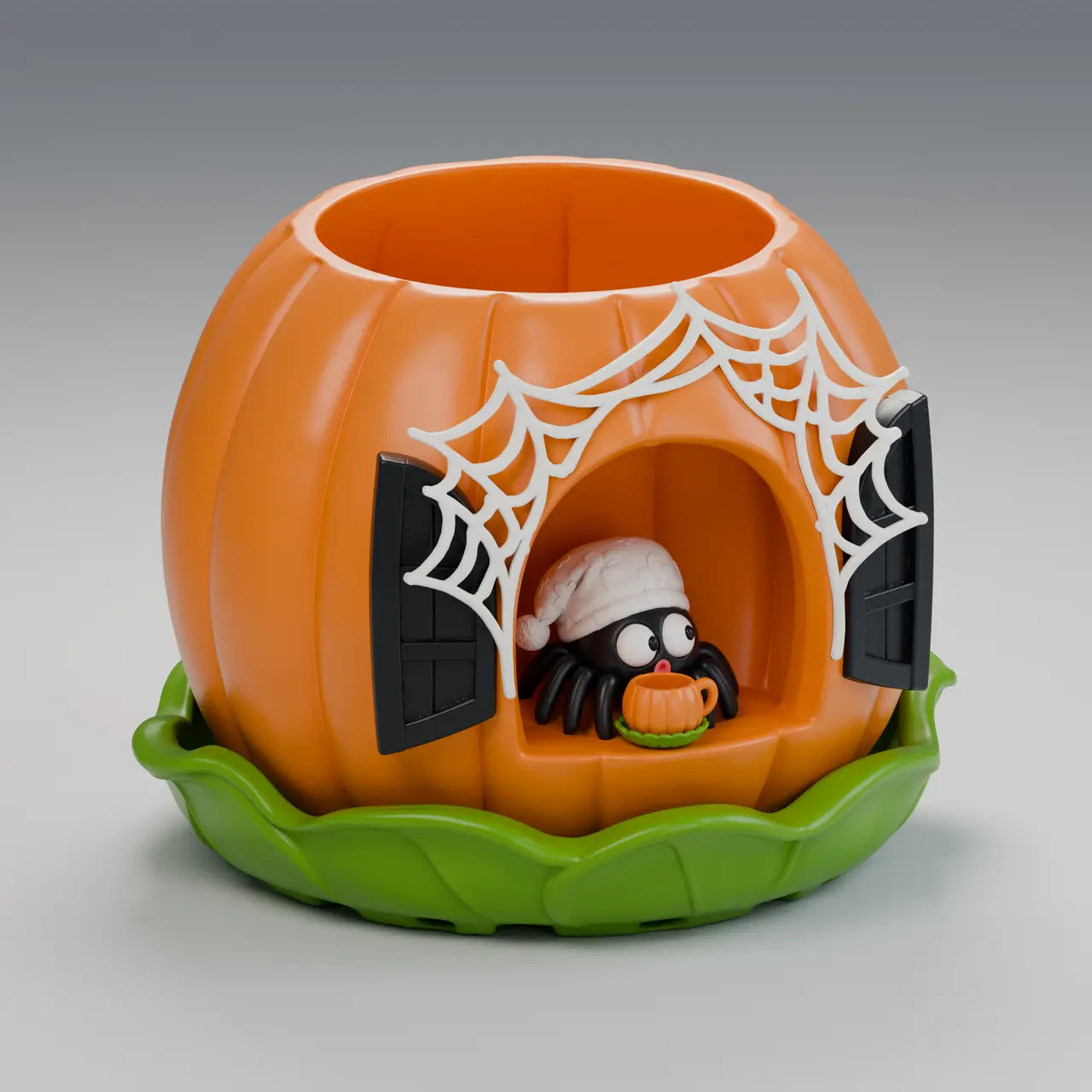 Pumpkin Tea House Planter | Cozy Spider Home with Drainage and Removable Tray | FDM — modelo 3D