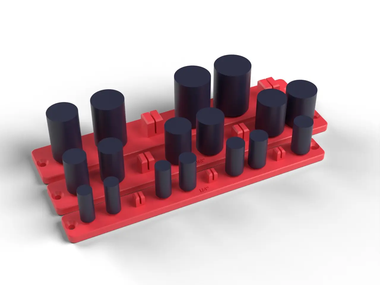 Socket Organizer Rails - 1/4, 3/8 and 1/2 Inch Drive, Split Grip Posts, No Supports (OpenSCAD) — modelo 3D