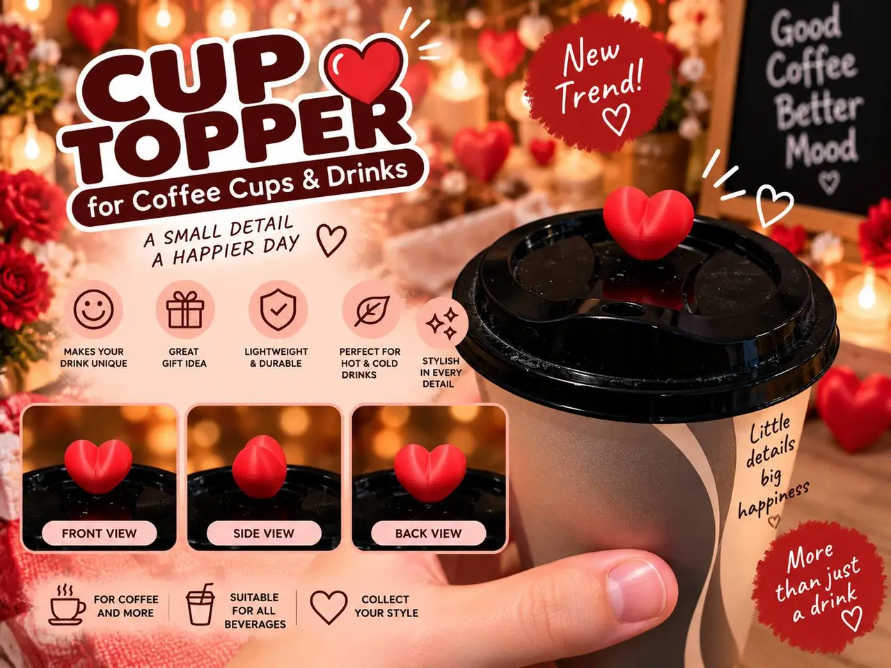 Cute Heart & Drink Cup Lid Topper — modelo 3D