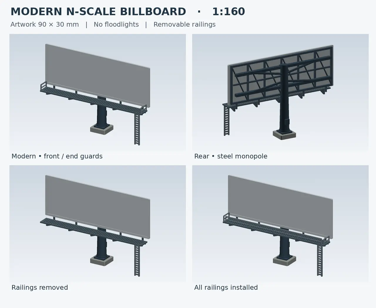 N Scale Modern Billboard – 14×48 Steel Monopole Bulletin with Catwalk & Removable Railings (1:160) — modelo 3D