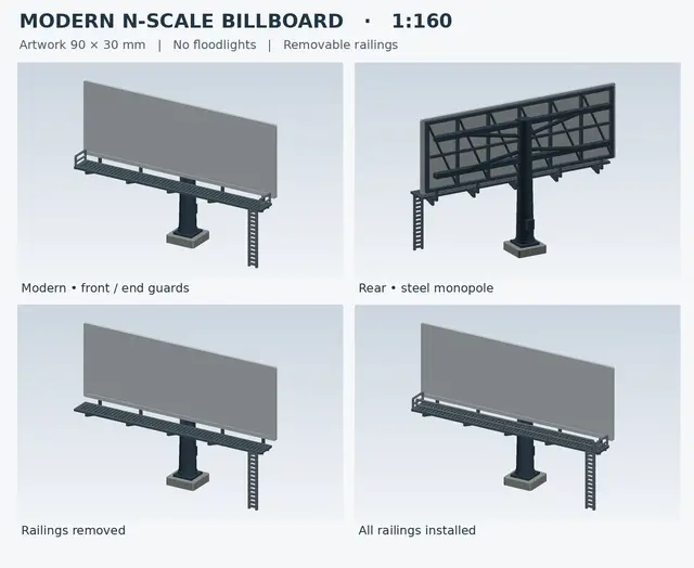 N Scale Modern Billboard – 14×48 Steel Monopole Bulletin with Catwalk & Removable Railings (1:160) — modelo 3D