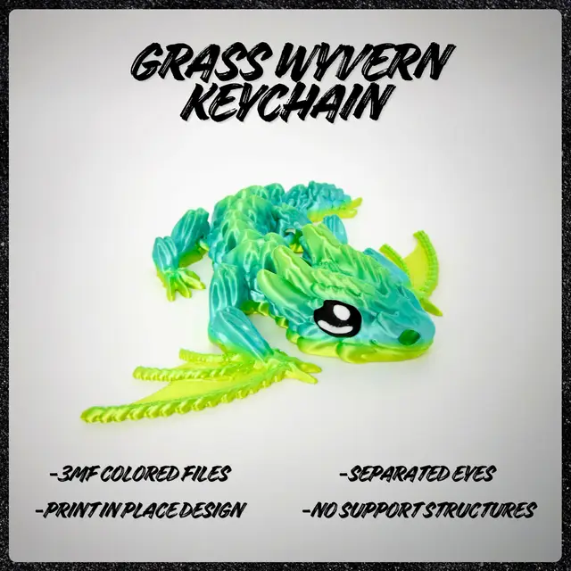 Grass Wyvern + Keychain - articulated - print in place - no supports — modelo 3D