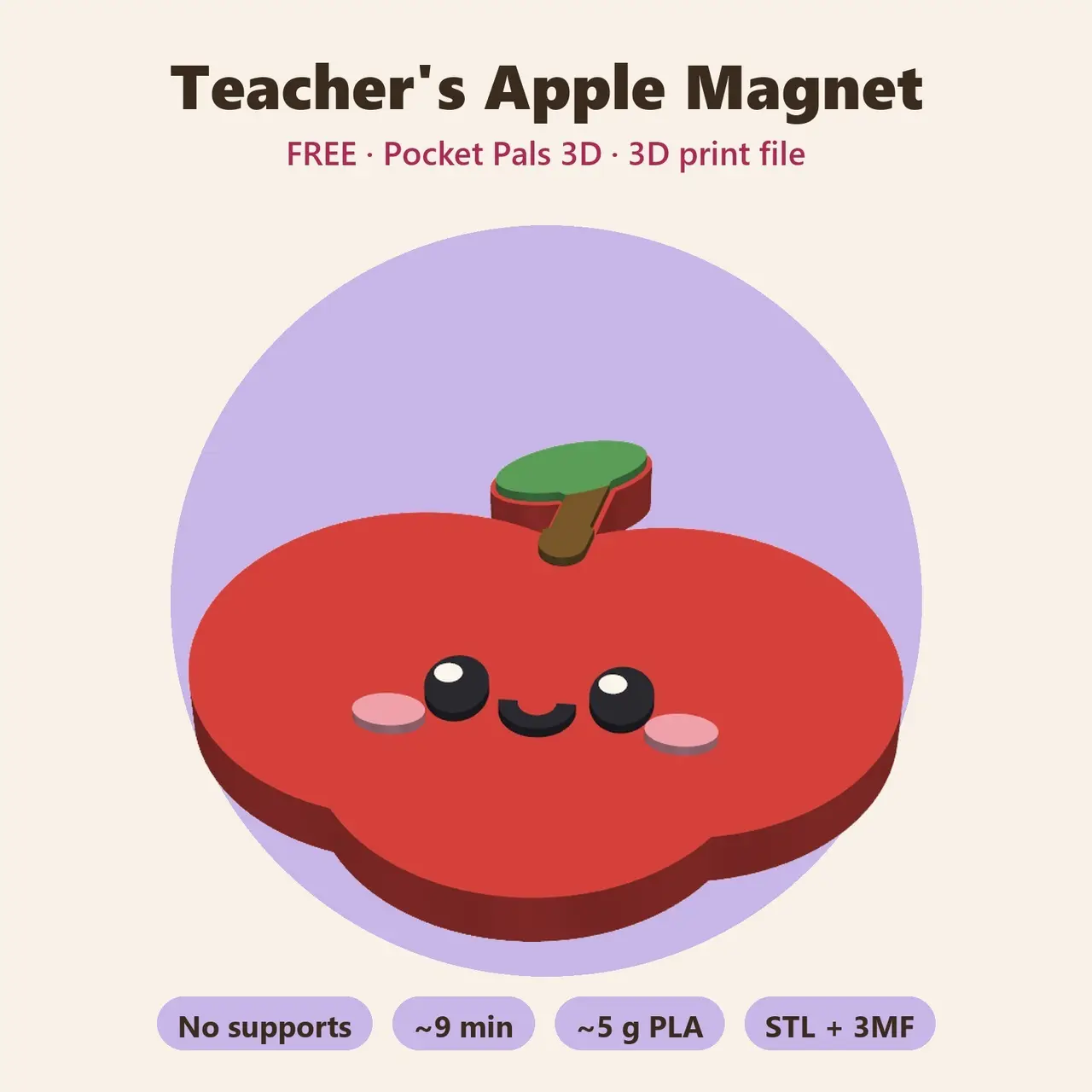 Teacher's Apple Magnet – Free Kawaii Teacher Gift Fridge Magnet, No Supports — modelo 3D