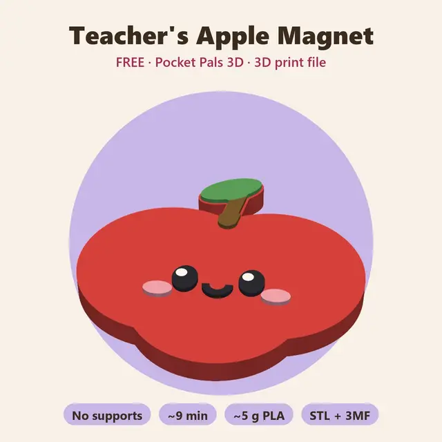Teacher's Apple Magnet – Free Kawaii Teacher Gift Fridge Magnet, No Supports — modelo 3D